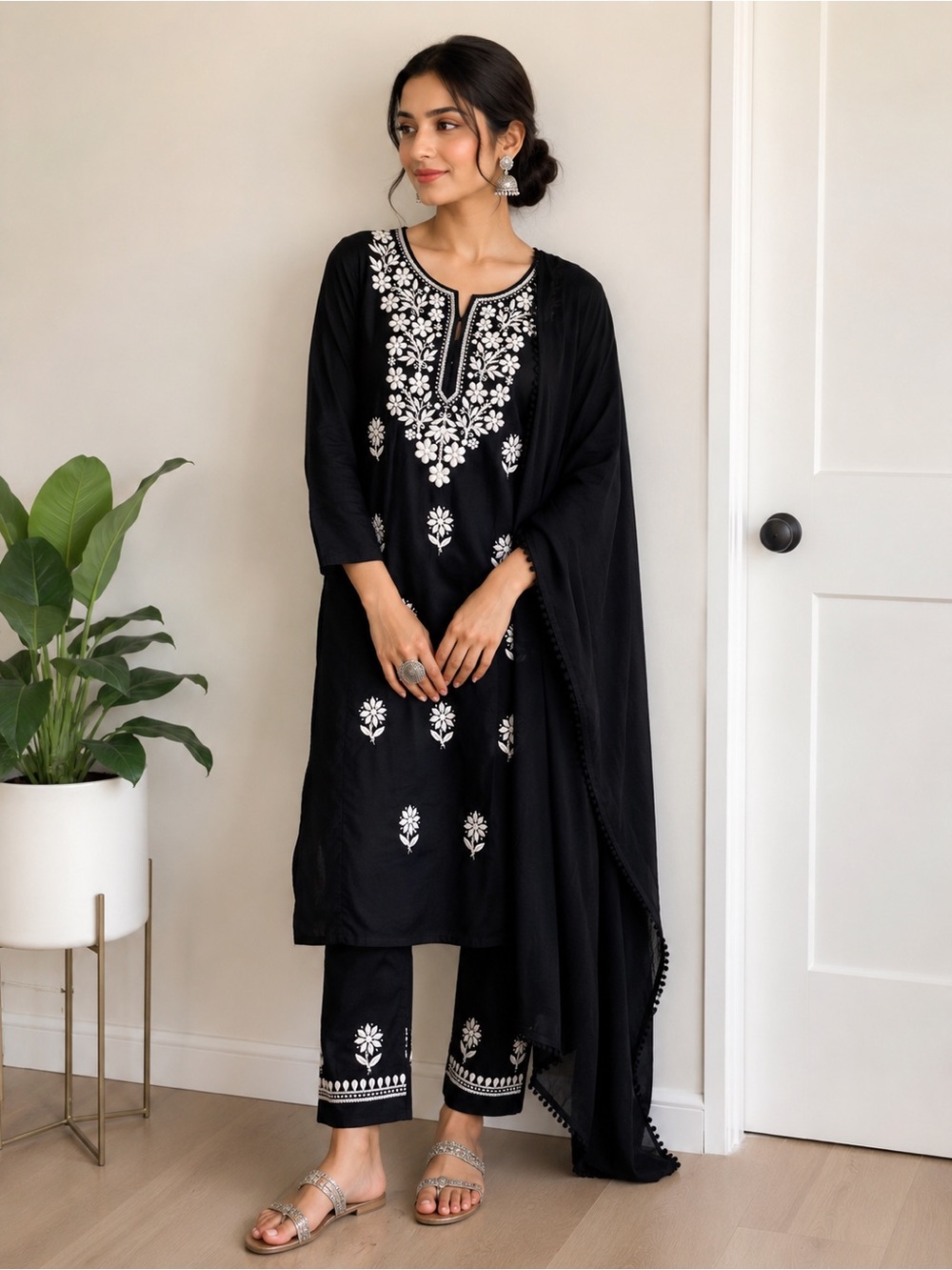 Black Embroidered Kurta Set with White Floral Motif